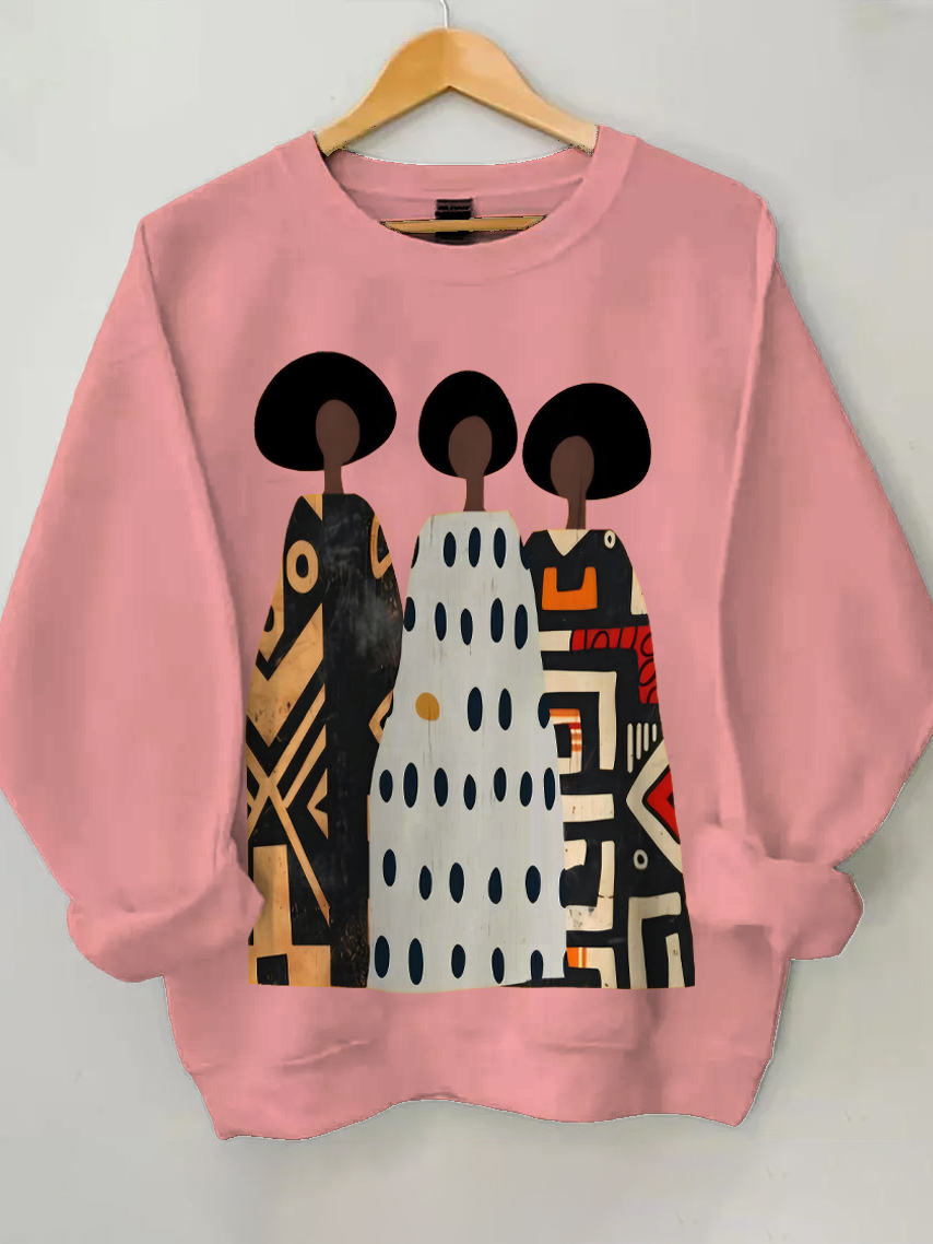 Women's Abstract Painting Of Traditional African Woman Print Cotton Long Sleeve T-Shirt Thin Sweatshirt-Styleame