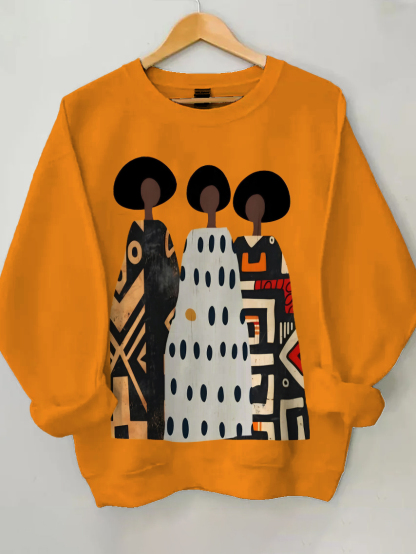 Women's Abstract Painting Of Traditional African Woman Print Cotton Long Sleeve T-Shirt Thin Sweatshirt-Styleame