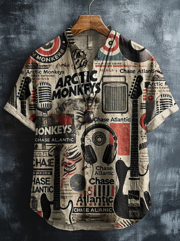 Men's Retro Music Elements Print Short Sleeve Shirt-Styleame