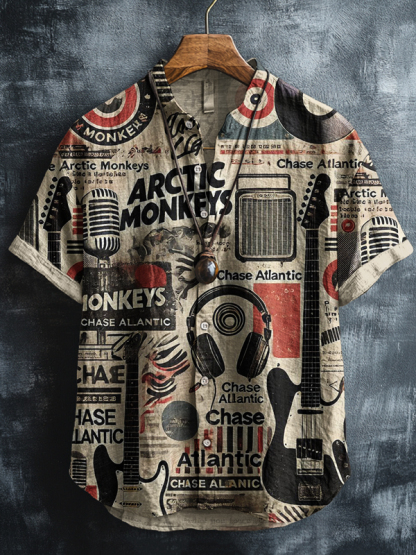 Men's Retro Music Elements Print Short Sleeve Shirt-Styleame
