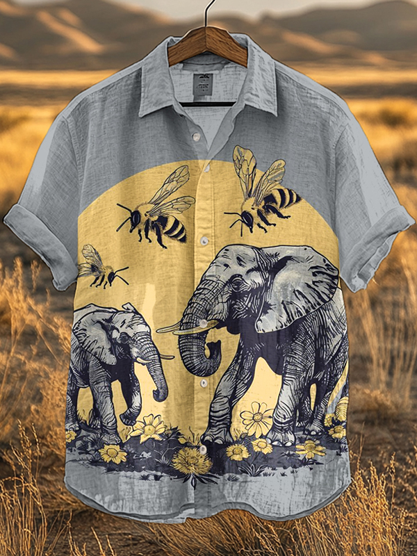 Men's Spring Flowers Bees Elephants Print Short Sleeve Shirt-Styleame