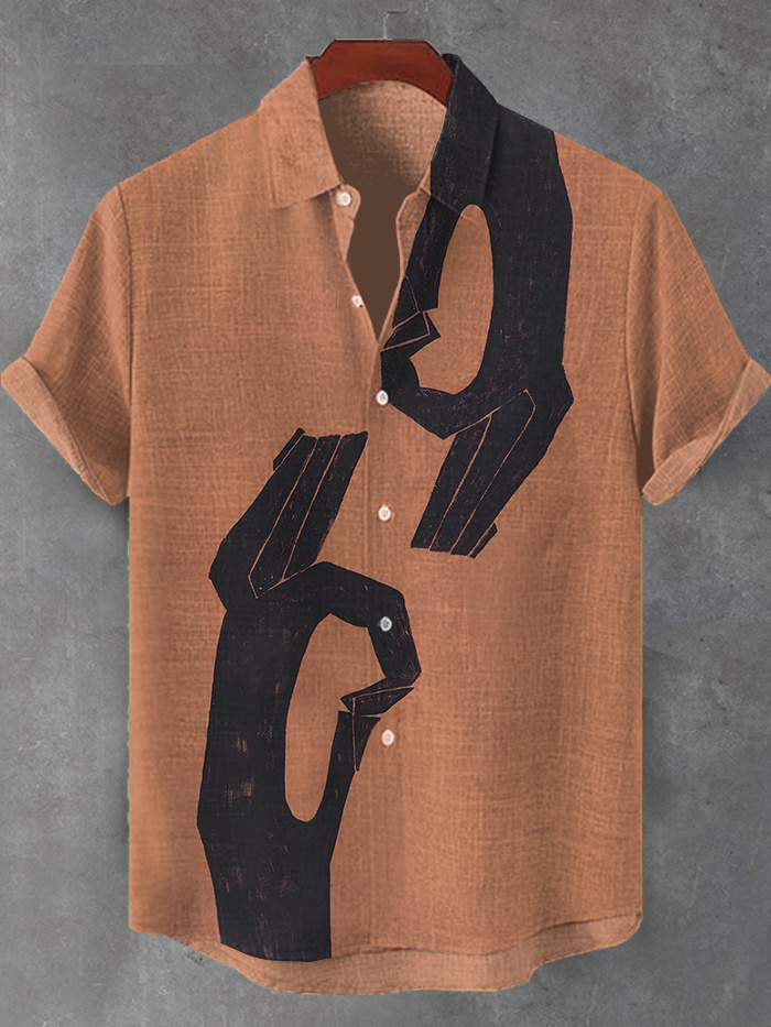 Men's Retro Geometric Hands Print Short Sleeve Shirt-Styleame