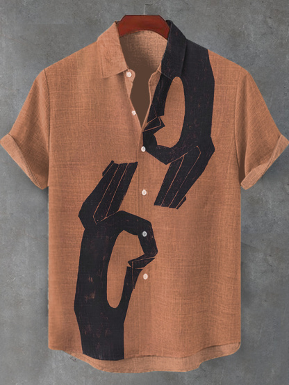 Men's Retro Geometric Hands Print Short Sleeve Shirt-Styleame
