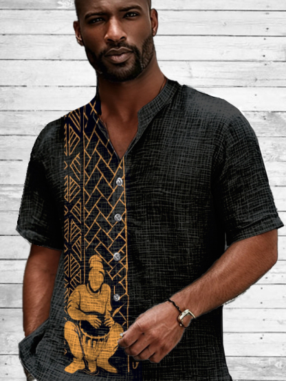 Men's Ethnic Pattern Drummer Art Print Casual Shirt-Styleame