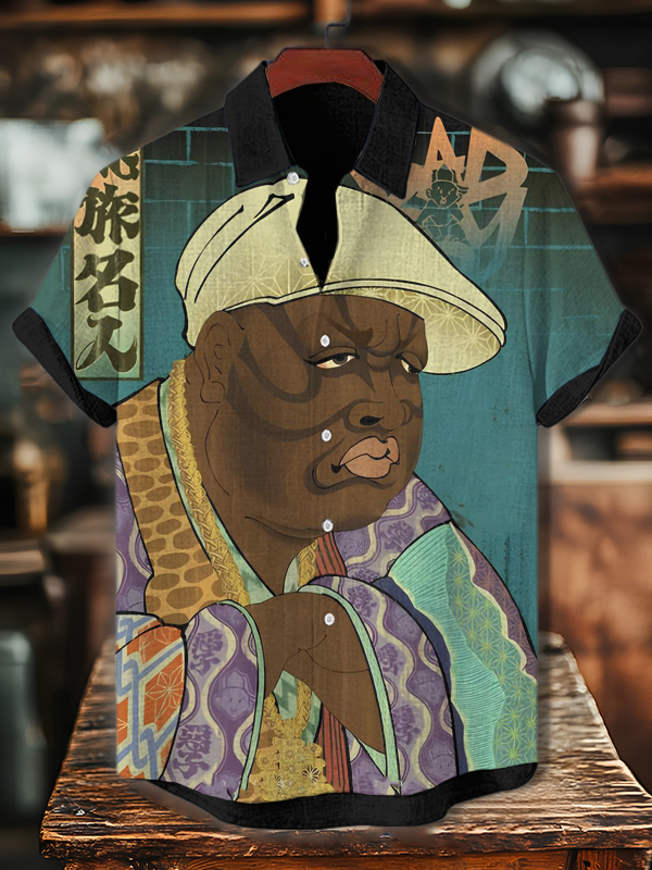 Men's Hip Hop Black Man Japanese Art Print Casual Shirt-Styleame