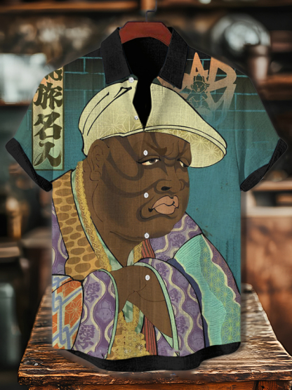 Men's Hip Hop Black Man Japanese Art Print Casual Shirt-Styleame