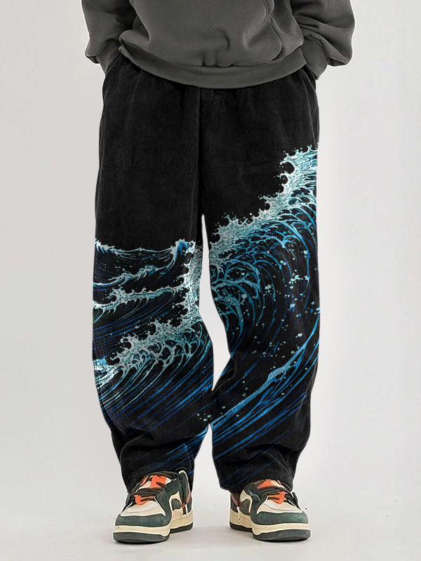 Men's Sea Waves Art Print Casual Pants-Styleame