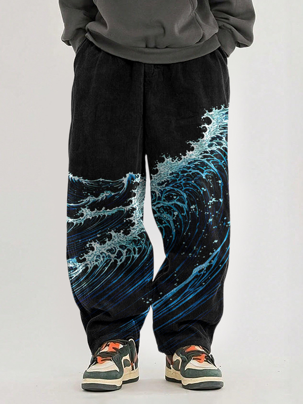 Men's Sea Waves Art Print Casual Pants-Styleame