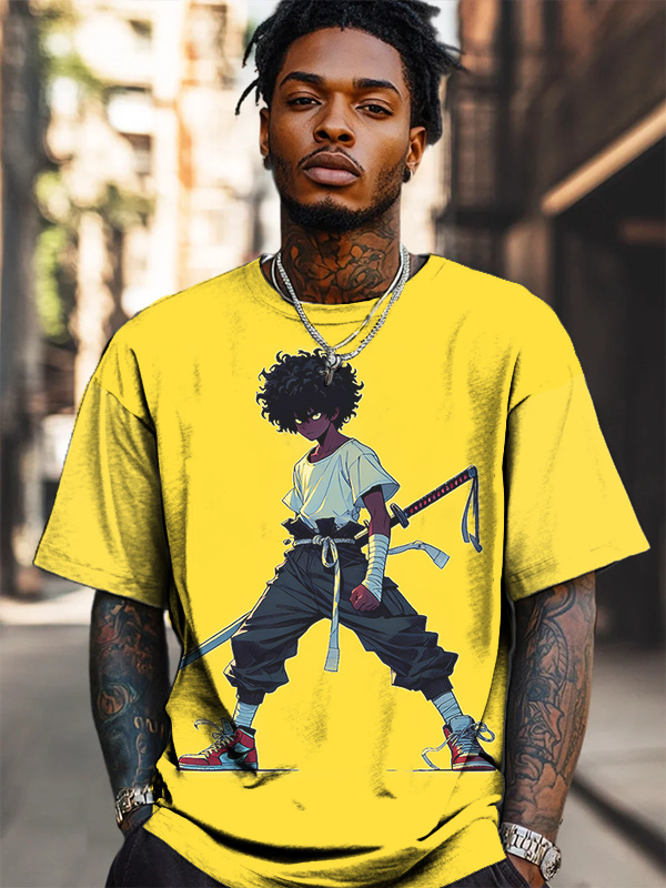 Men's Black Swordsman Anime Art Print Casual T-Shirt-Styleame