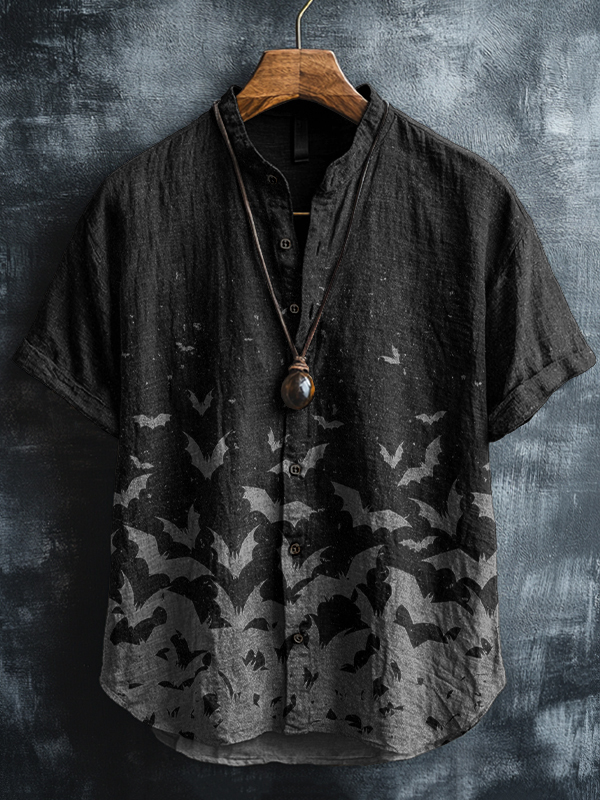 Men's Dark Gothic Bats Print Short Sleeve Shirt-Styleame