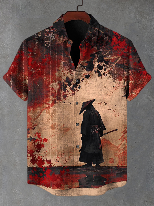 Men's Japanese Samurai Vintage Landscape Art Print Casual Shirt-Styleame