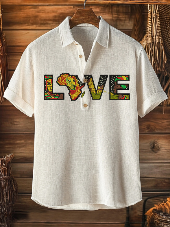 Men's African Tribal Mask Lion LOVE Print Half Button Casual Shirt-Styleame