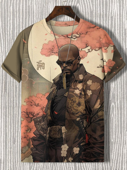 Men's Modern Black Samurai Japanese Art Print Casual T-Shirt-Styleame