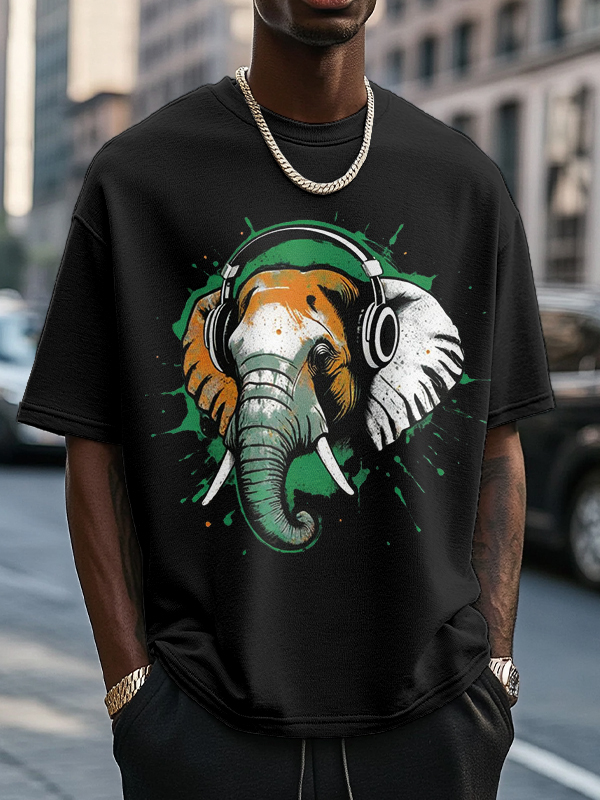 Men's Elephant Listening To Music Graphic Print Cotton Casual T-Shirt-Styleame
