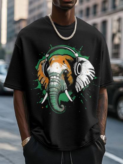 Men's Elephant Listening To Music Graphic Print Cotton Casual T-Shirt-Styleame