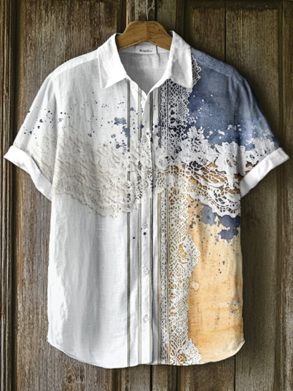 Men's Lace Watercolor Art Print Casual Shirt-Styleame