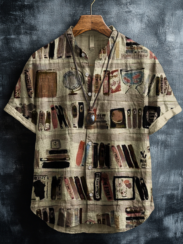 Men's Vintage Bookcase Watercolor Art Print Casual Shirt-Styleame