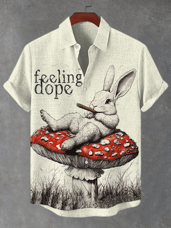 Men's Rabbit Lying On Mushroom Feeling Dope Art Print Casual Shirt-Styleame
