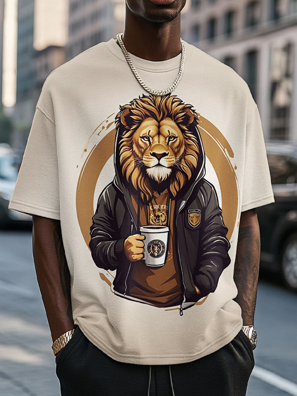 Men's Lion Drinking Coffee Art Print T-Shirt-Styleame