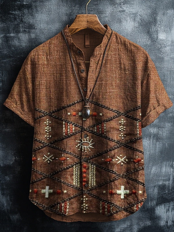 Men's Ethnic Pattern Embroidery Art Print Casual Shirt-Styleame