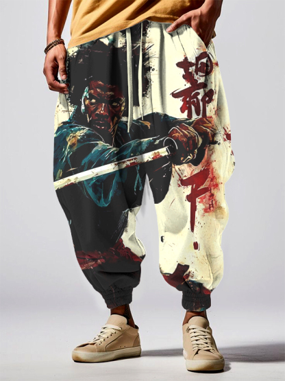 Men's Vintage African Warrior Art Print Loose Drawstring Waist Sweatpants-Styleame