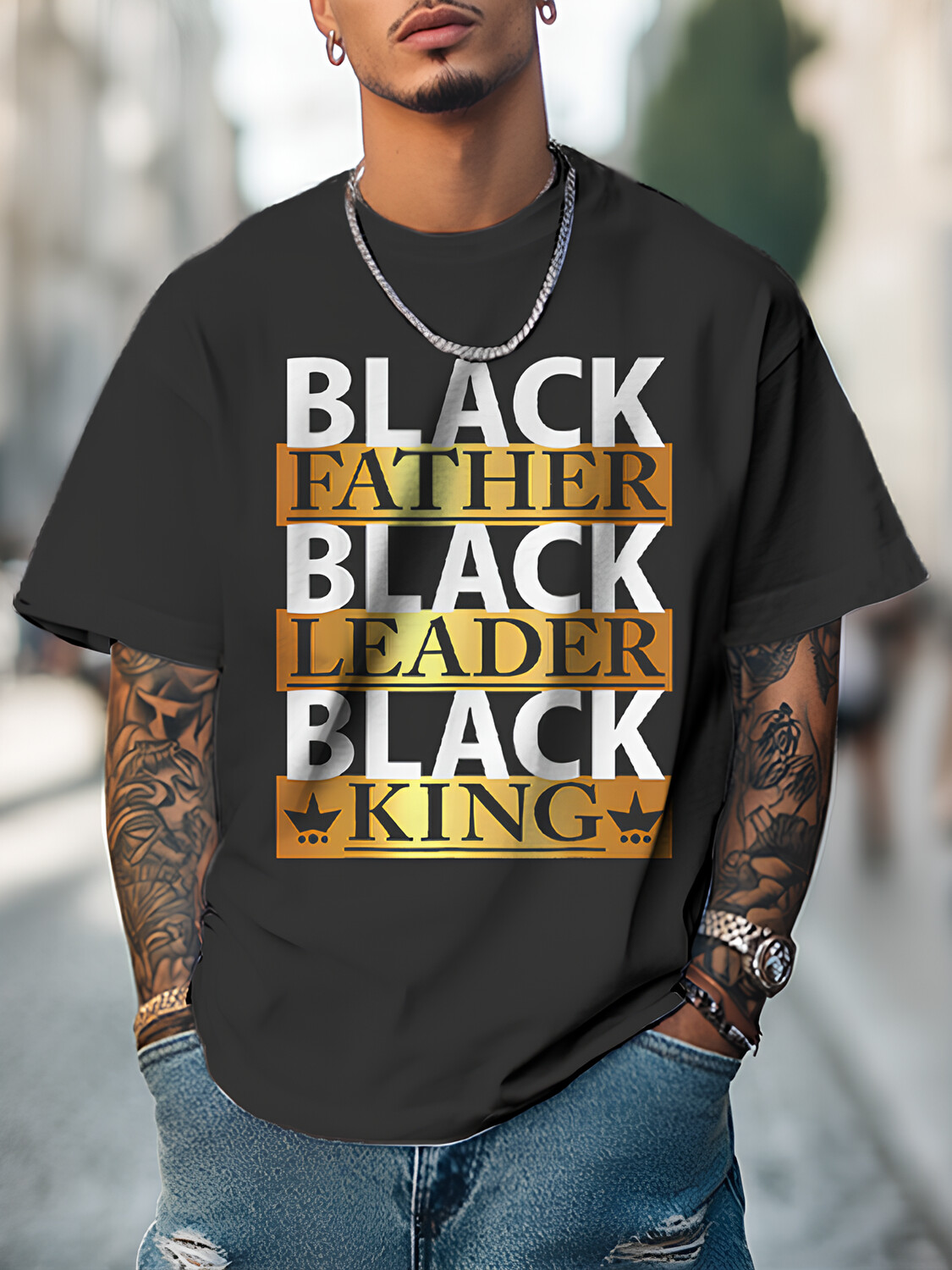 Men's Black Father Black Leader Black King Art Print T-Shirt-Styleame