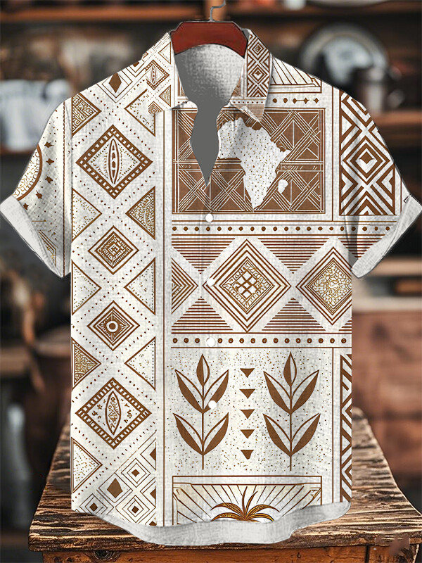 Men's Retro Geometric Pattern Africa Map Art Print Short Sleeve Shirt-Styleame