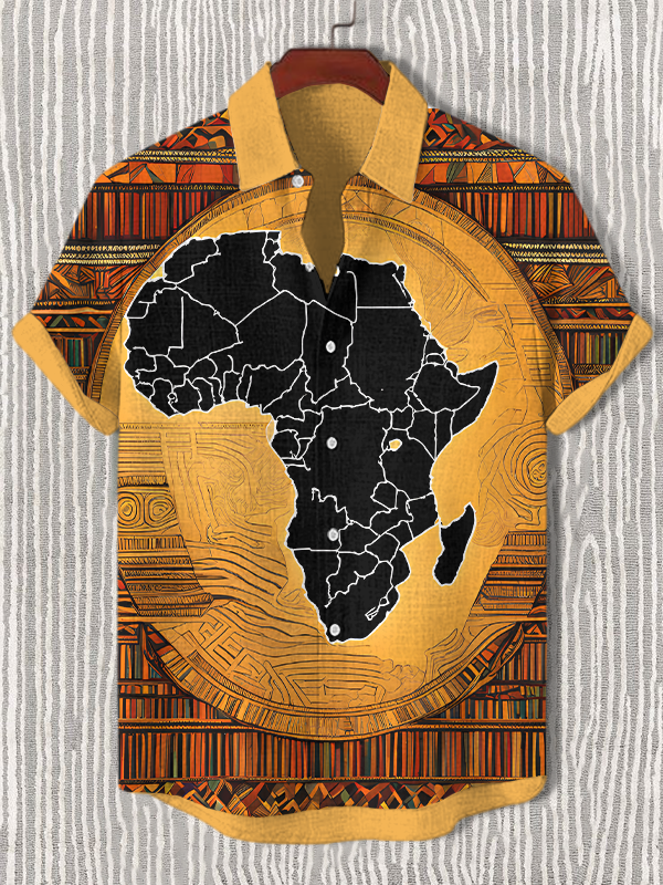 Men's Retro Africa Map Art Print Short Sleeve Shirt-Styleame