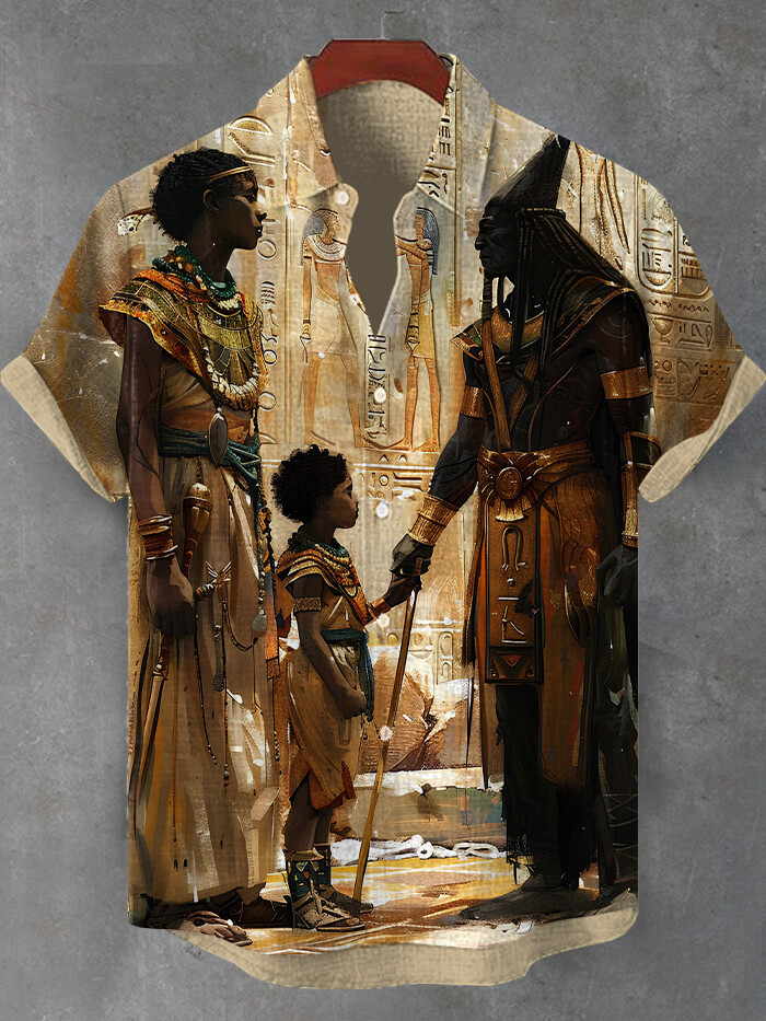 Men's Retro Black Father And Sons Art Print Short Sleeve Shirt-Styleame