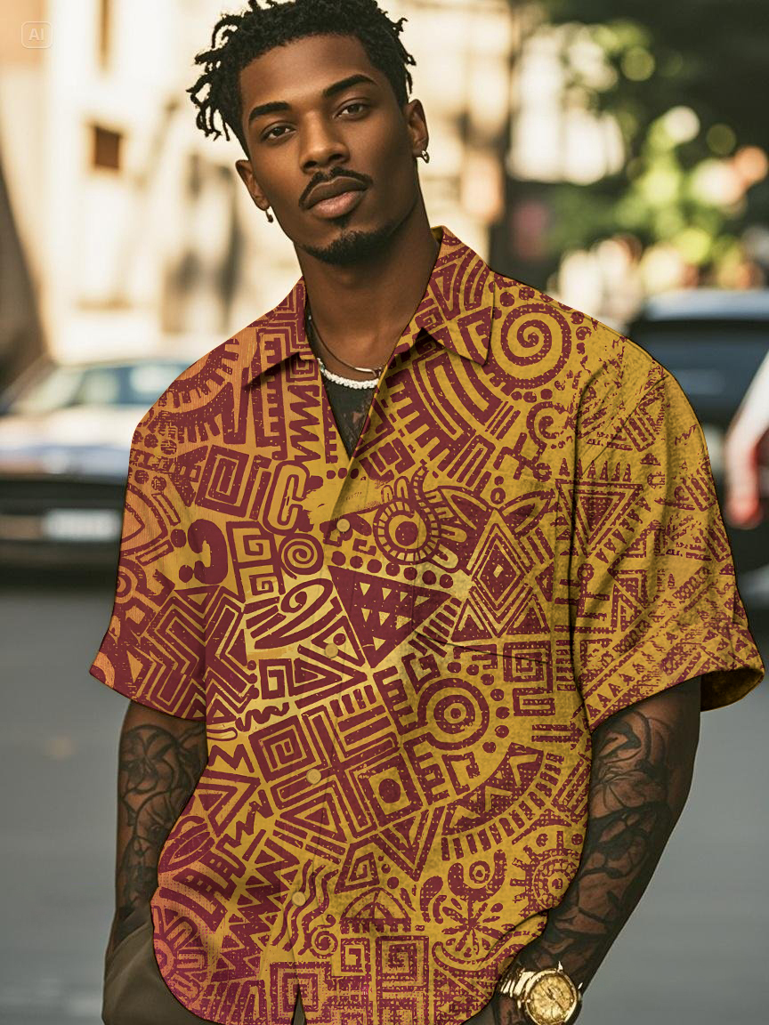 Men's Retro Geometric Pattern All Over Print Casual Shirt-Styleame