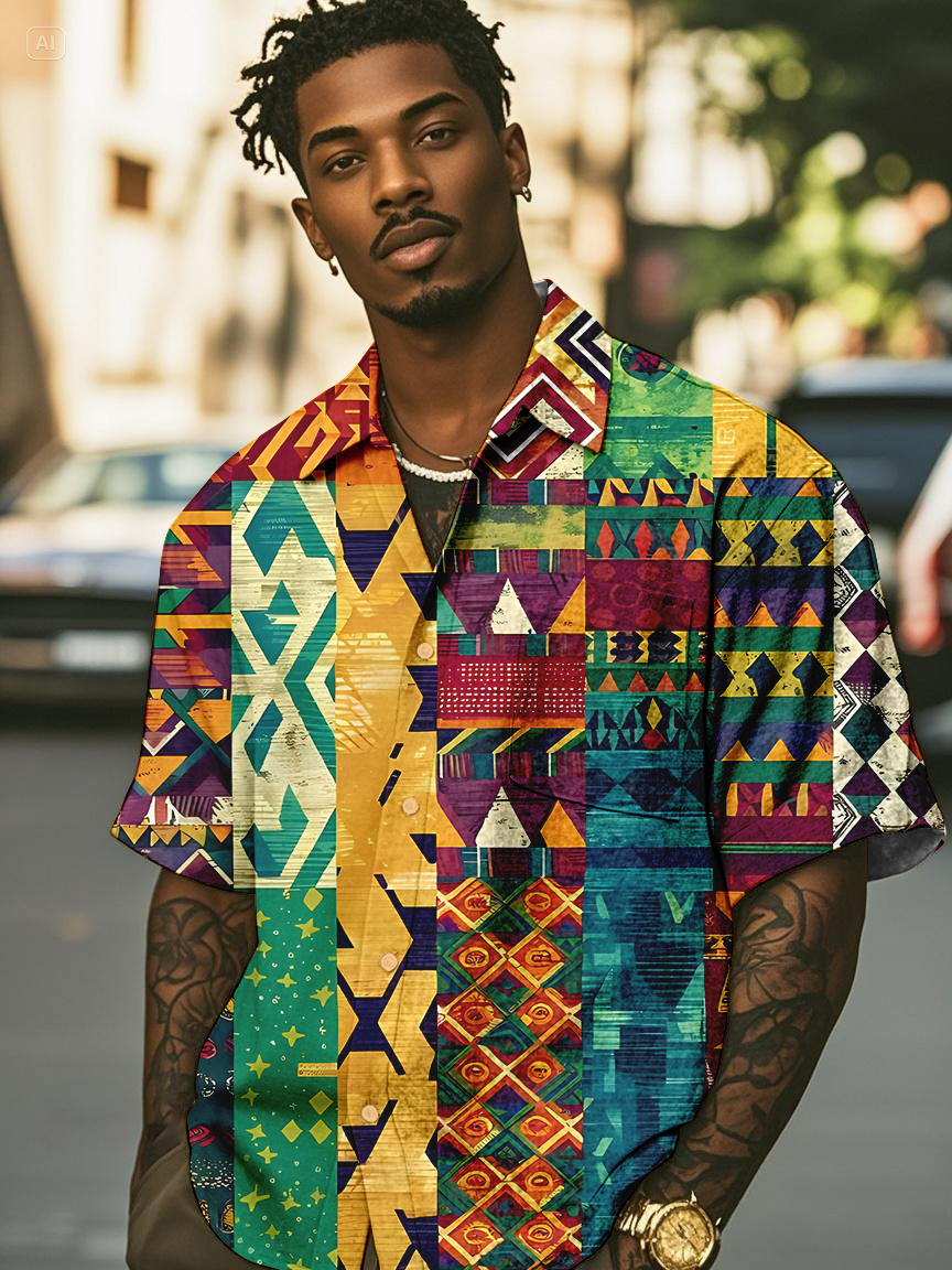Men's Colorful Retro Ethnic Pattern Print Casual Shirt-Styleame