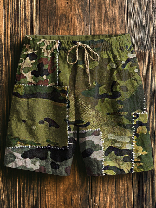 Men's Retro Camouflage Patchwork Art Print Casual Shorts-Styleame