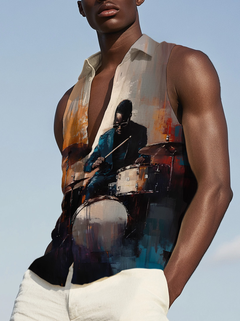 Men's Rock Black Man Playing Drums Set Art Print Sleeveless Shirt-Styleame