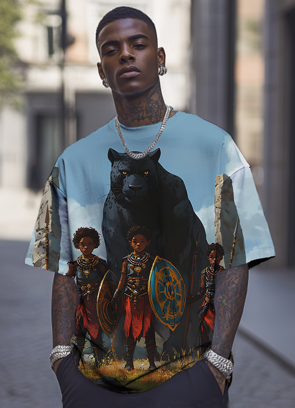 Men's Black Panther And African Boys Art Print T-Shirt-Styleame