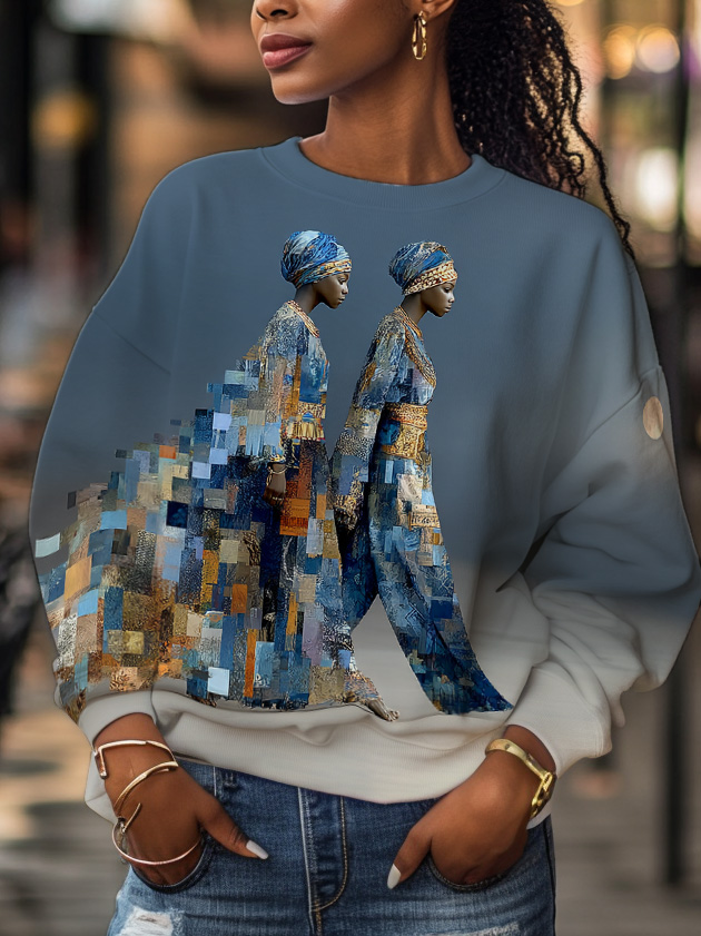 Women's Color Block Retro African Women Art Print Long Sleeve T-Shirt-Styleame