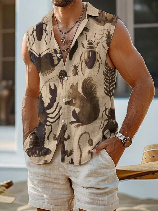 Men's Squirrel And Insects Vintage Animal Art Print Sleeveless Shirt-Styleame