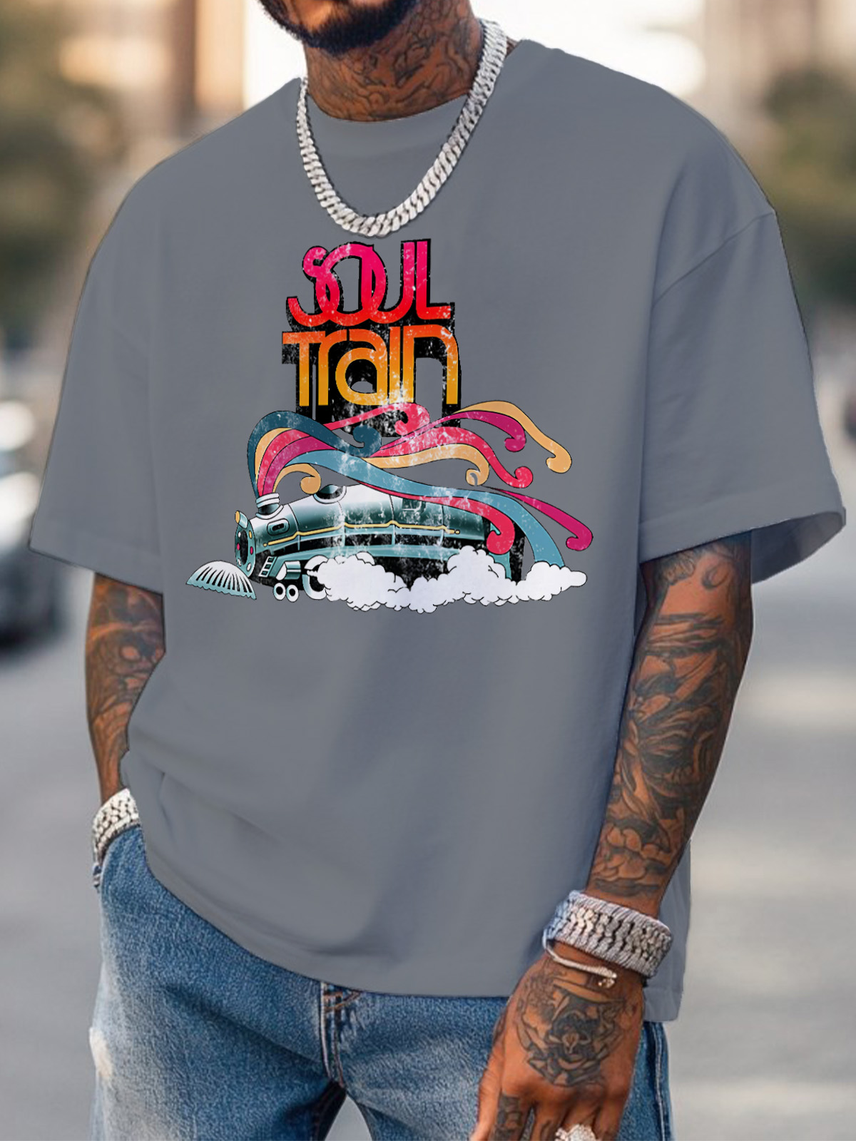 Men's Soul Train Music Print Cotton Casual T-Shirt-Styleame