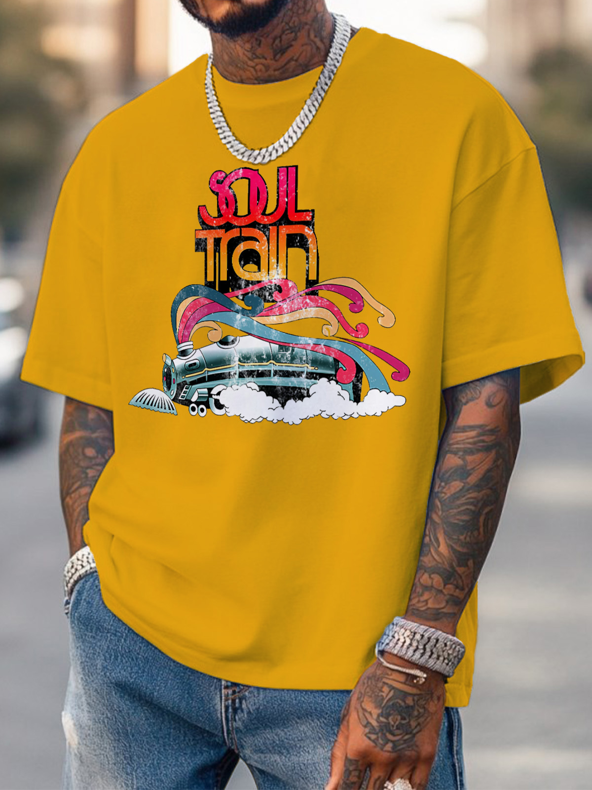 Men's Soul Train Music Print Cotton Casual T-Shirt-Styleame