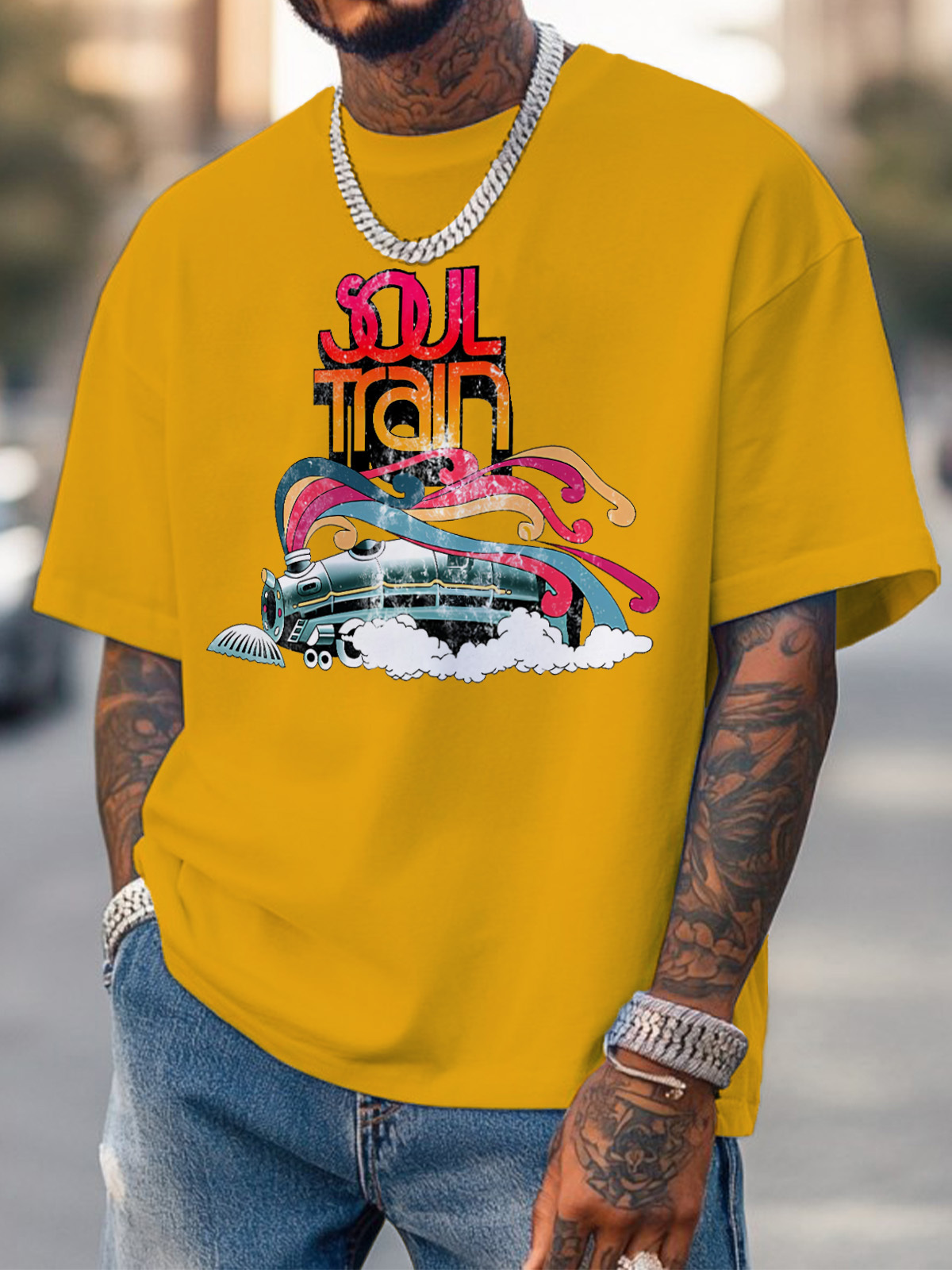 Men's Soul Train Music Print Cotton Casual T-Shirt-Styleame