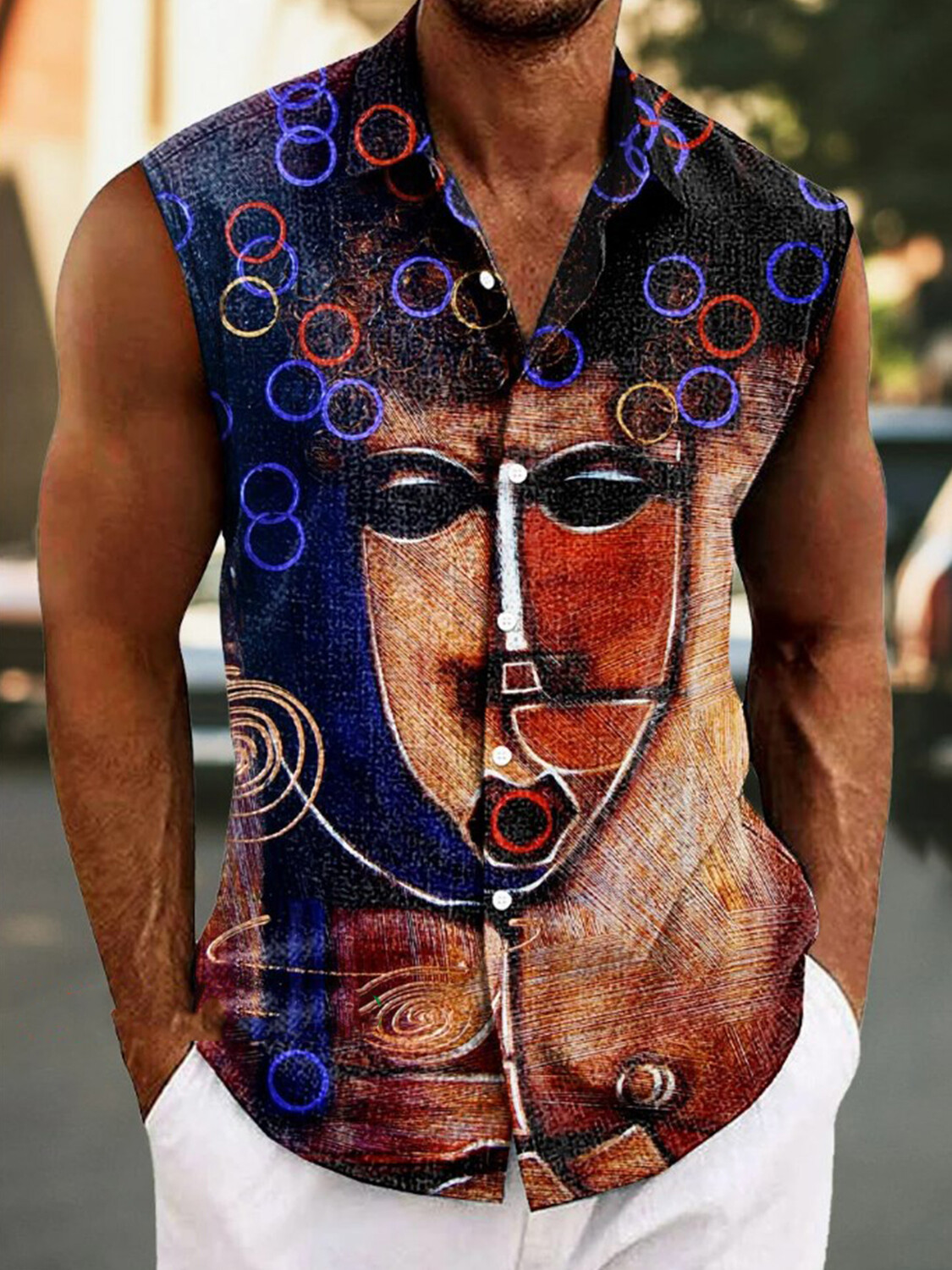 Men's Abstract Human Face Lines Art Print Sleeveless Shirt-Styleame