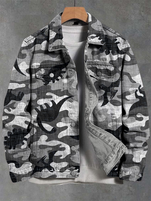 Men's Dinosaur Camouflage Art Print Denim-Like Long Sleeve Shirt-Styleame