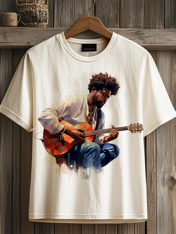 Men's Black Man Playing Guitar Art Print T-Shirt-Styleame