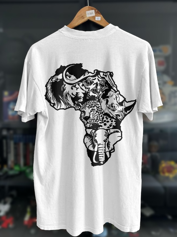 Men's Wild Animals Africa Map Silhouette Print Cotton Casual T-Shirt-Styleame