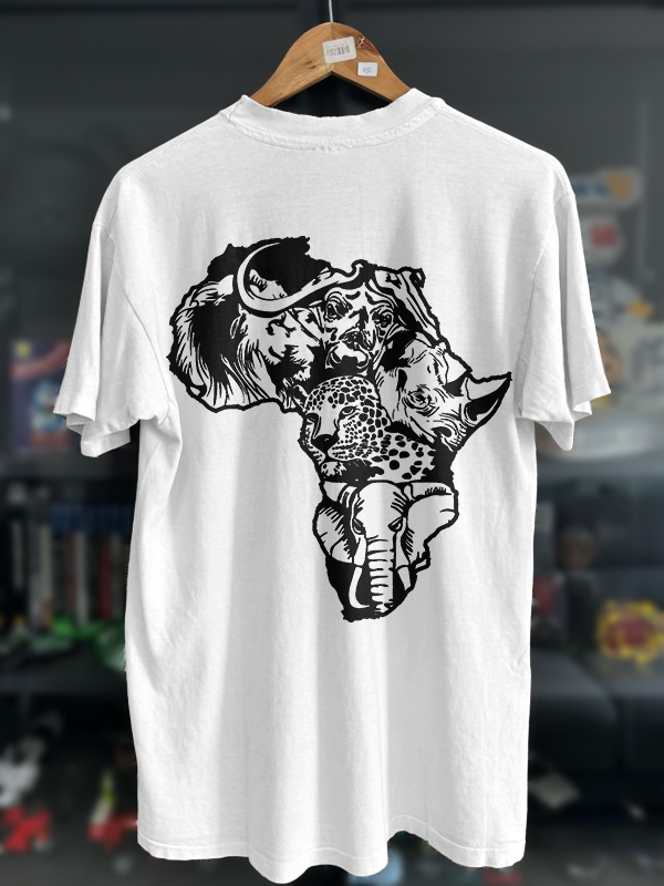 Men's Wild Animals Africa Map Silhouette Print Cotton Casual T-Shirt-Styleame