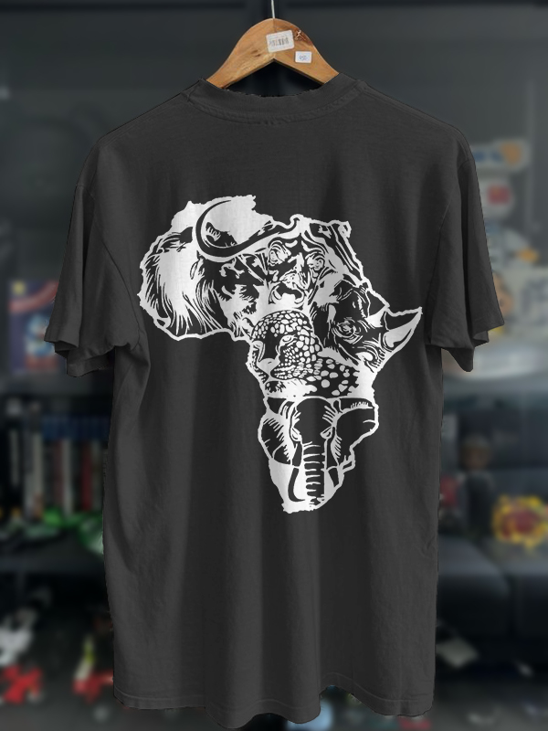 Men's Wild Animals Africa Map Silhouette Print Cotton Casual T-Shirt-Styleame