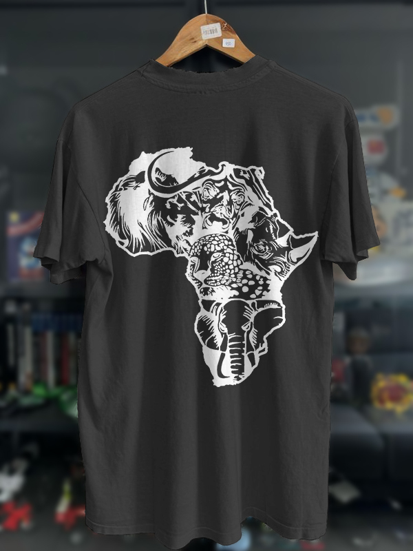 Men's Wild Animals Africa Map Silhouette Print Cotton Casual T-Shirt-Styleame
