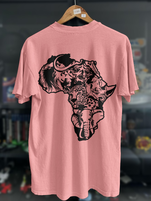 Men's Wild Animals Africa Map Silhouette Print Cotton Casual T-Shirt-Styleame