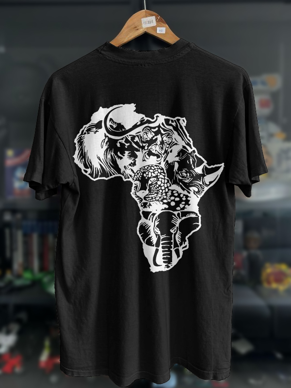 Men's Wild Animals Africa Map Silhouette Print Cotton Casual T-Shirt-Styleame
