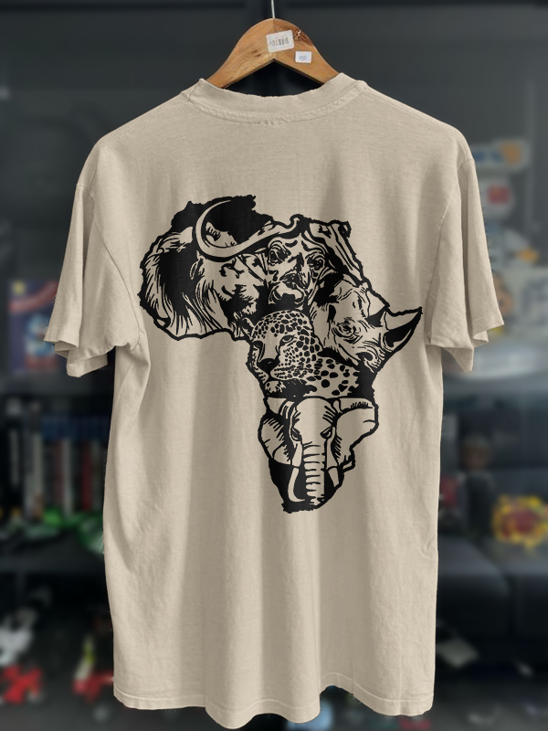 Men's Wild Animals Africa Map Silhouette Print Cotton Casual T-Shirt-Styleame