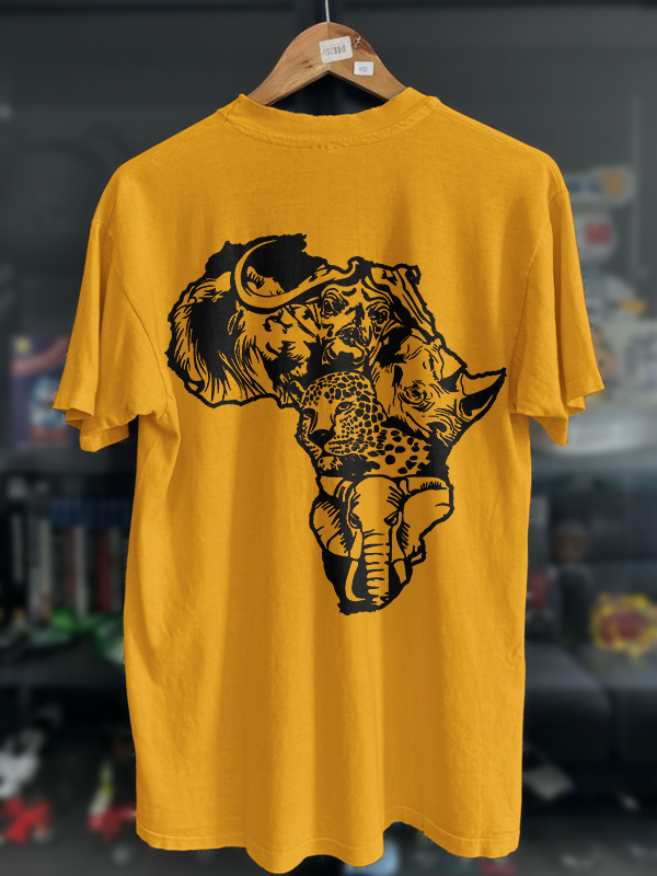 Men's Wild Animals Africa Map Silhouette Print Cotton Casual T-Shirt-Styleame